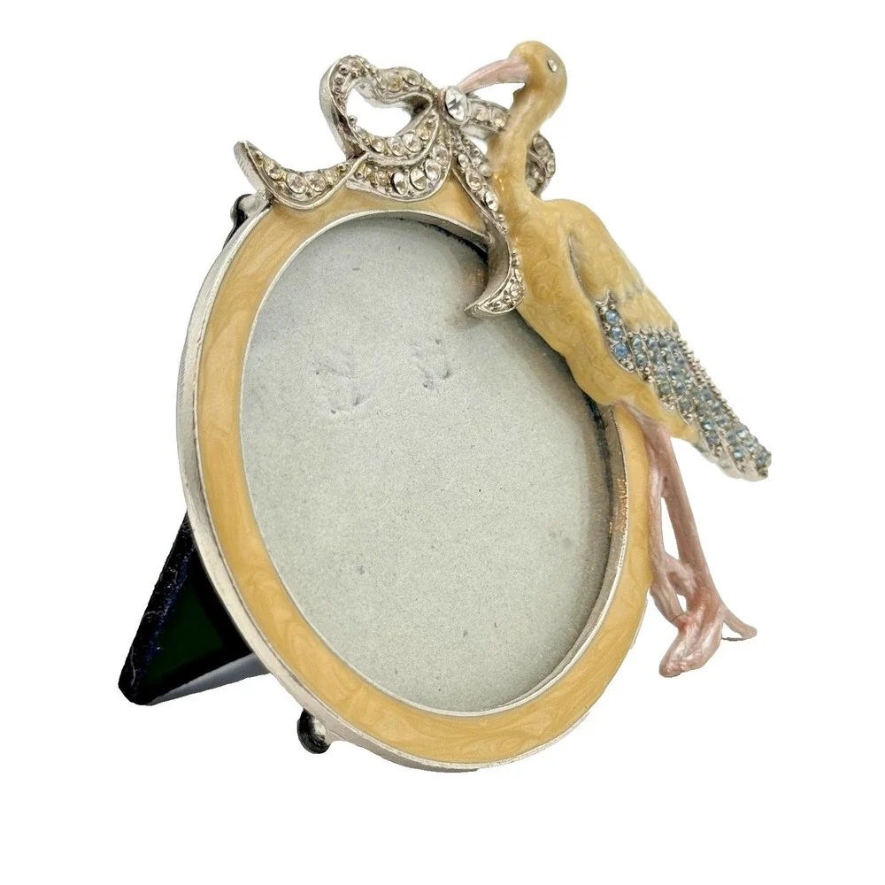 Mother's Day Vintage Jeweled Crane Picture Frame Enamel Rhinestone Tabletop Bird